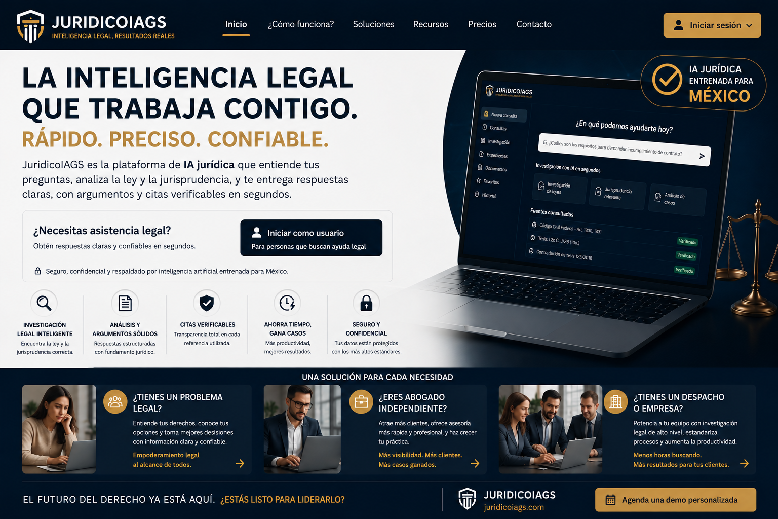Composición visual de JuridicoIAGS con asistencia legal, producto y soluciones para personas, abogados y despachos